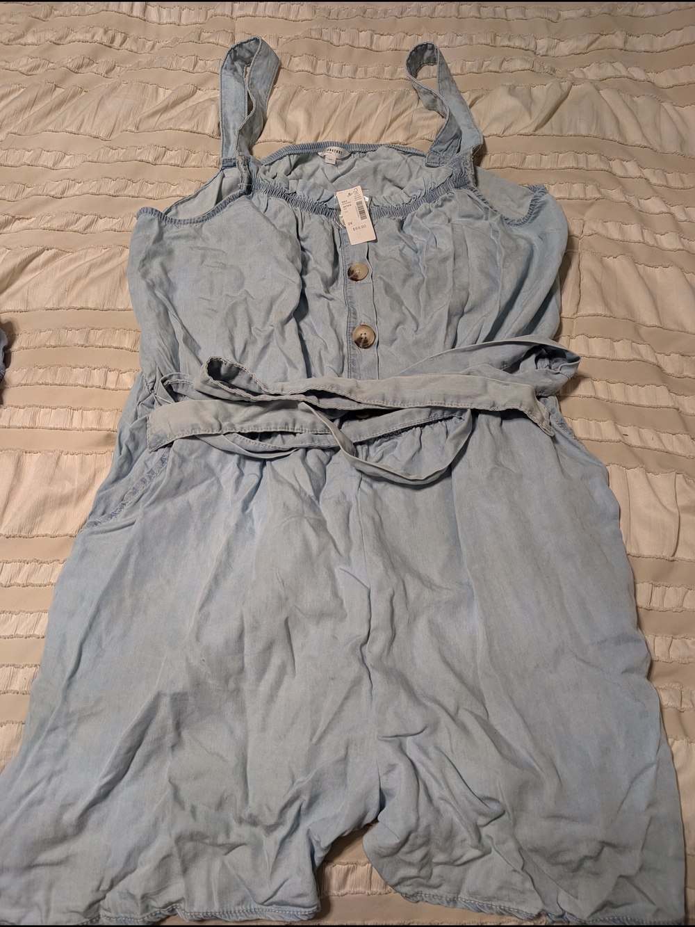 Signature Light Blue Denim Romper with Ruffled Waist